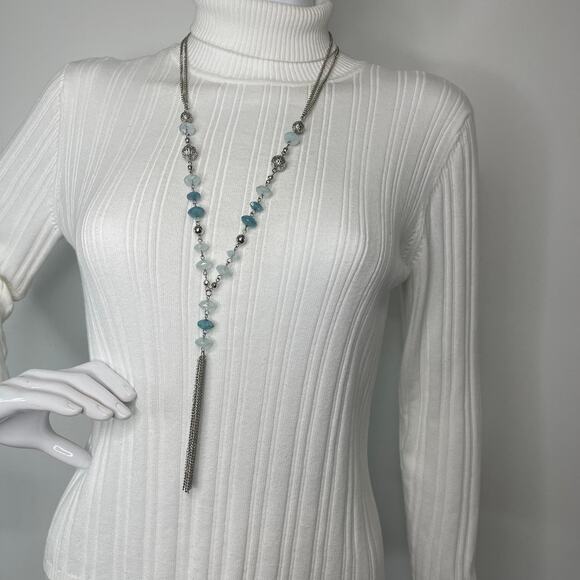 necklace blue faceted beads in silver tone setting tassel chic boho bohemian - Picture 8 of 11